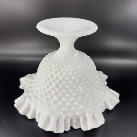 Fenton White Hobnail Footed Compote Ruffled Rim Edges Pedestal Bowl Dish Vintage - Picture 14 of 16